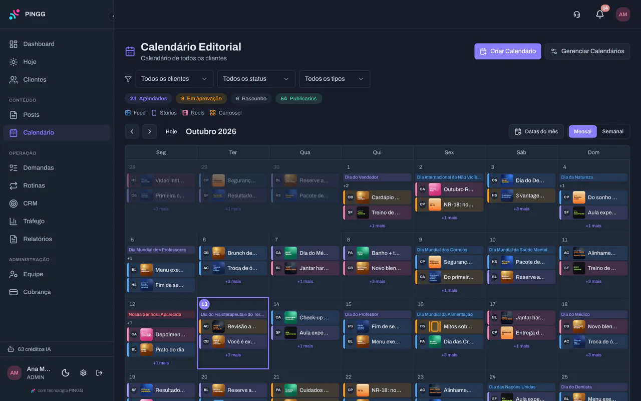 Calendário editorial de outubro com os posts de cada cliente e as datas comemorativas dentro de cada dia