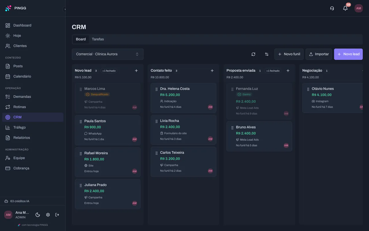 Funil do CRM da Clínica Aurora com os leads por etapa, o valor e a origem de cada um: campanha, WhatsApp, site ou Meta Lead Ads